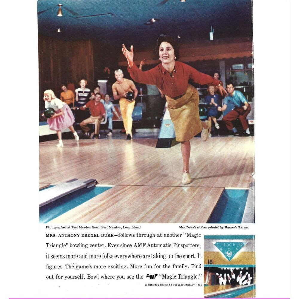 Vintage 1958 AMF Magic Triangle Bowling Ad Print Anthony Drexel Duke Print 9 in